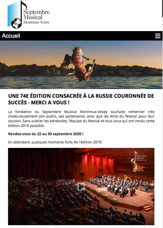 Page Internet. Septembre Musical Montreux-Vevey - 75ème édition. 2020-09-22